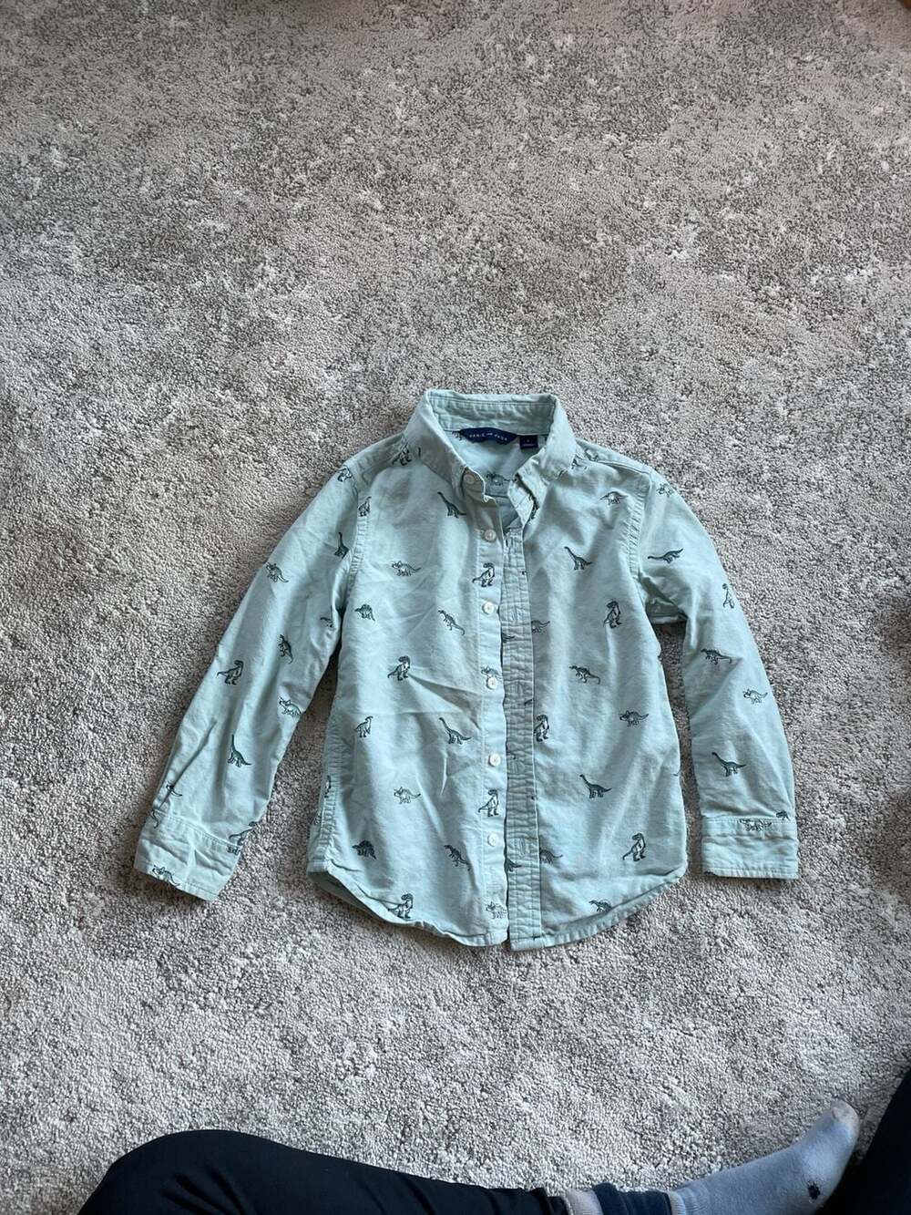 Janie and Jack Boys Mint Green Dinosaur Print Button Down Shirt Size 4